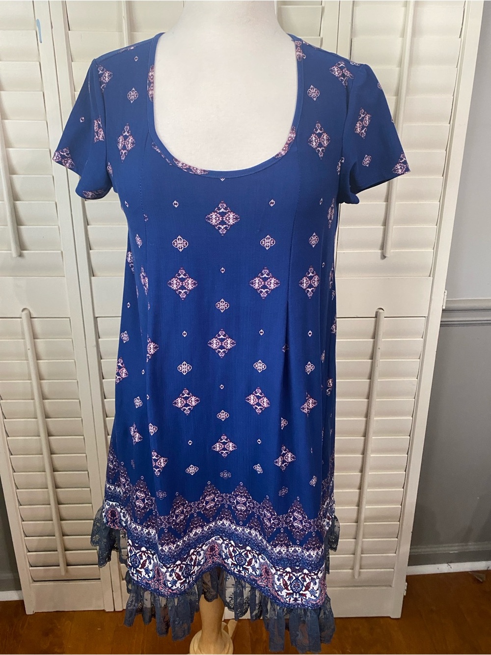 Pink Rose Navy Blue Floral-Print Casual Dress with Tassel Hem